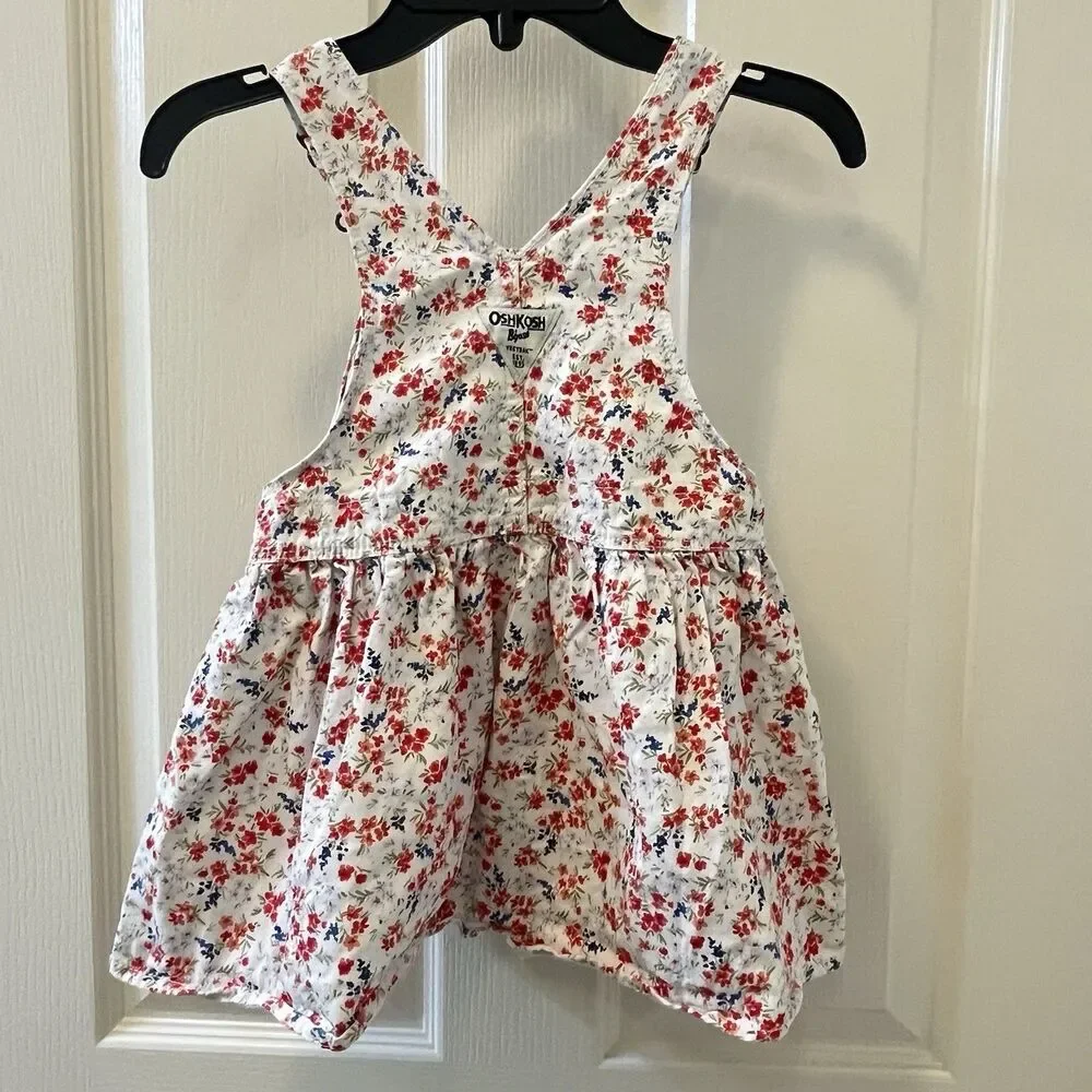 Oshkosh B'gosh Red White Blue Floral Overall Dress Cotton Girls Size 3T